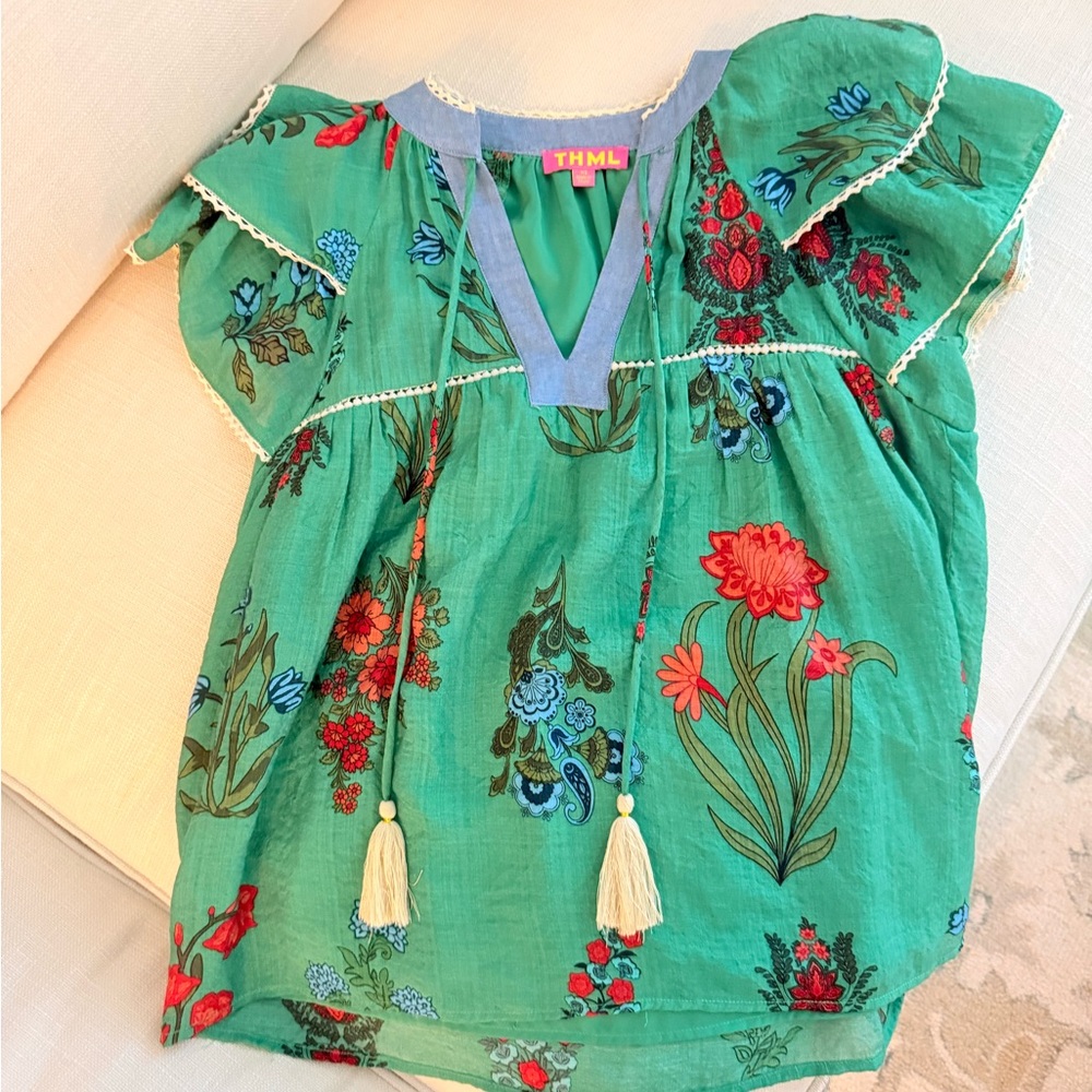 THML Kids Top with Green and Red Floral Design